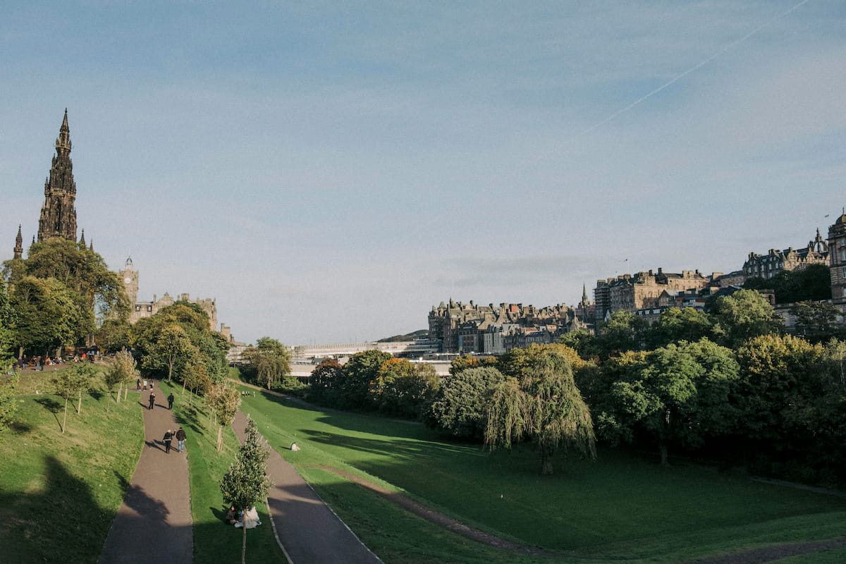 Panoramic view of Edinburgh's Old Town skyline with Arthur's Seat in the background