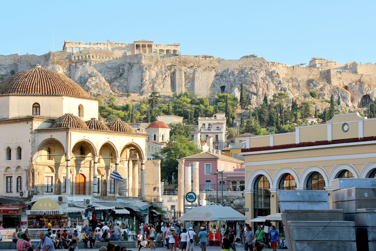 Monastiraki square and flea market in Athens with the Acropolis rising in the background