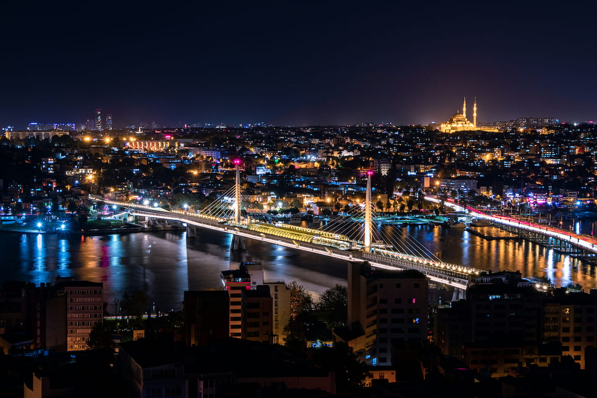 Bosphorus strait view from Istanbul with European and Asian shores and bridge in background