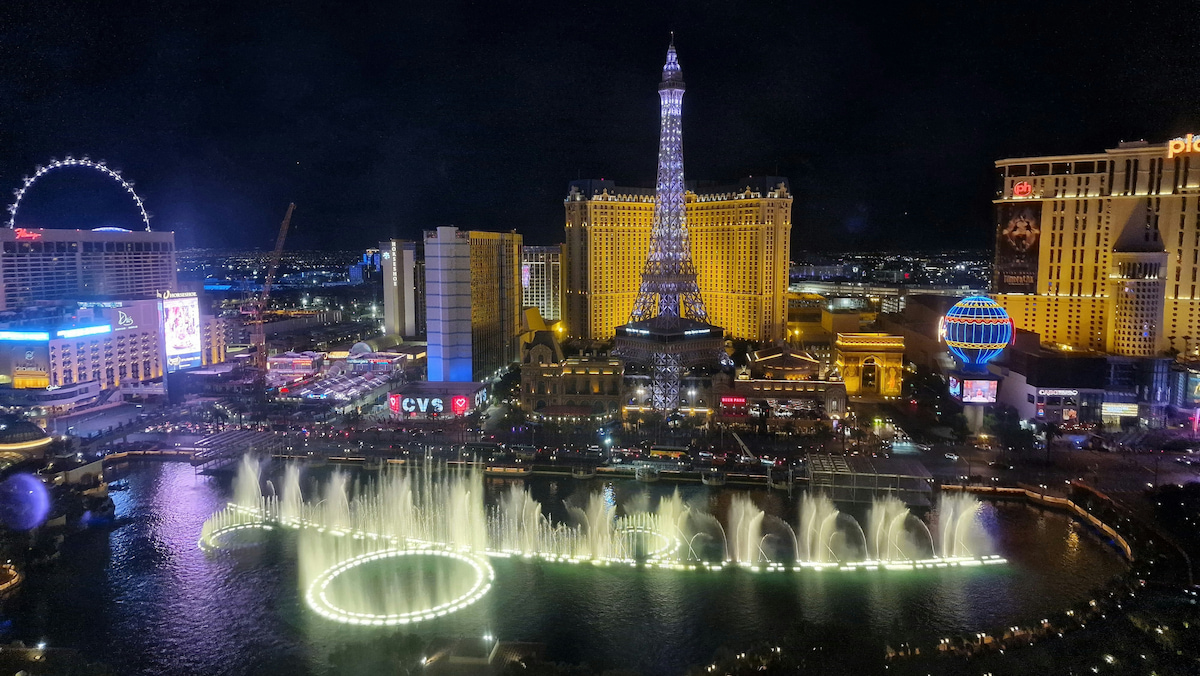 Las Vegas Strip at night with neon lights and casino marquees
