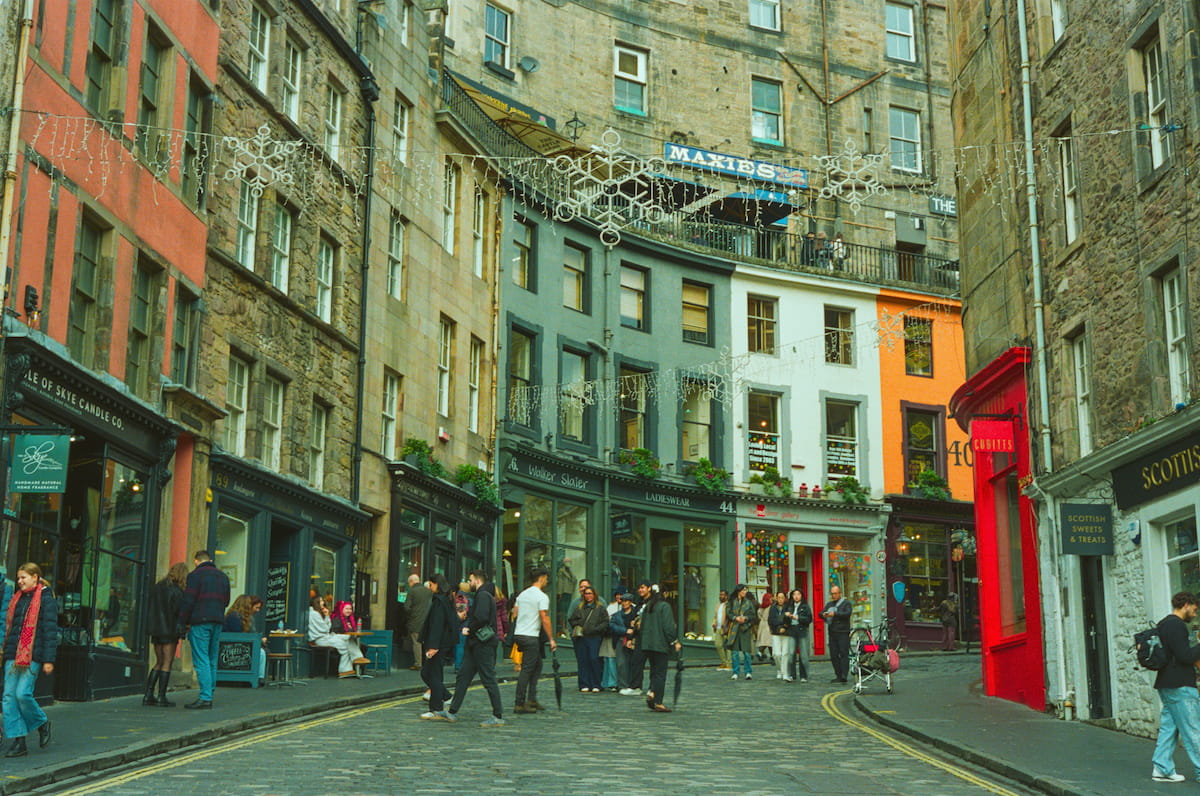 Colorful buildings on Victoria Street in Edinburgh's Old Town, Scotland