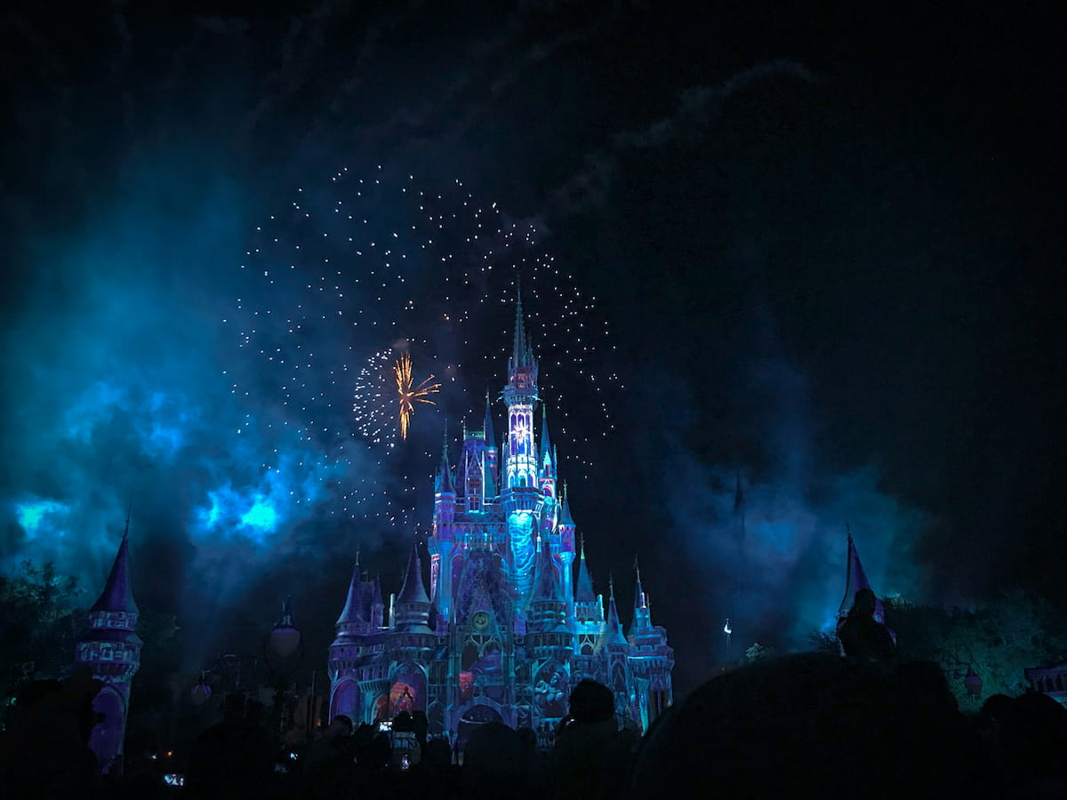 Orlando theme park with castle and fireworks at night with crowds below