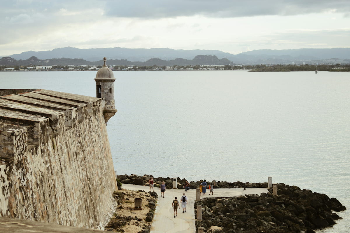 El Morro fort iconic sentry box perched above the Atlantic Ocean in Old San Juan Puerto Rico