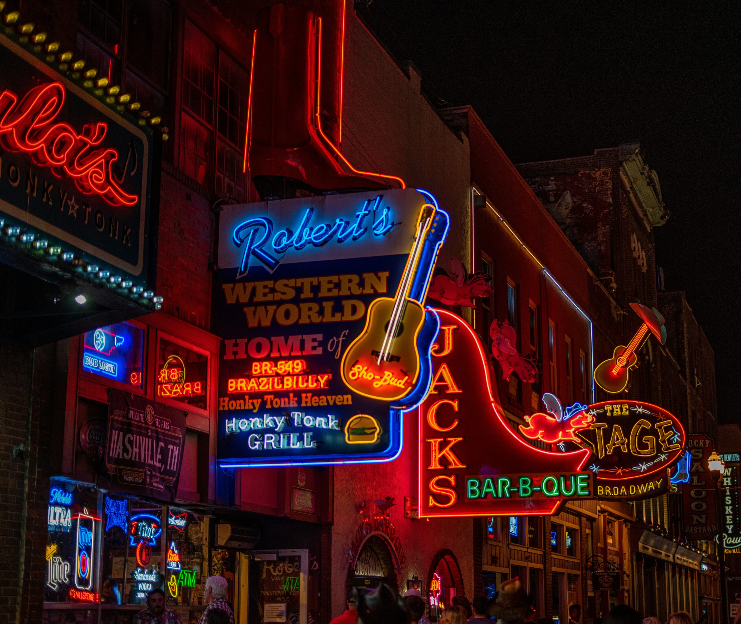 Nashville Broadway honky-tonk strip lit up at night