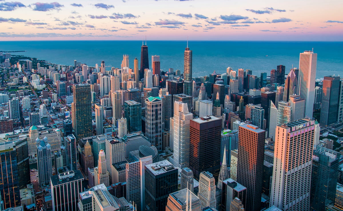 Chicago skyline from Lake Michigan showing Willis Tower and surrounding skyscrapers