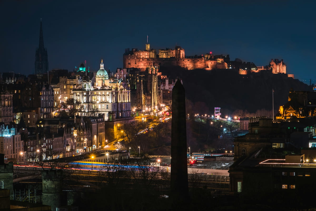 Edinburgh Castle illuminated at night from Princes Street, Scotland