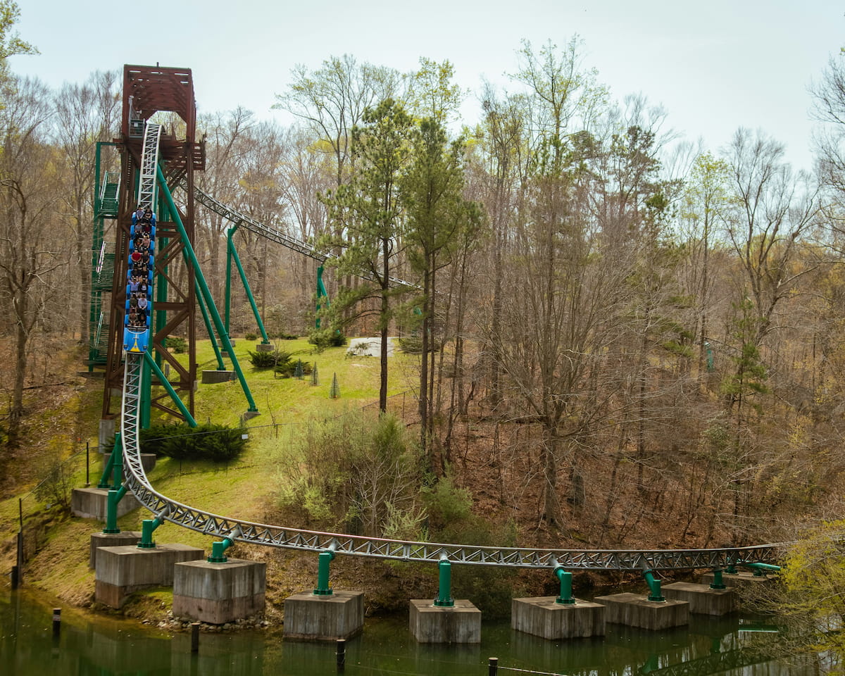 Busch Gardens Williamsburg roller coaster Griffon with families riding against a blue sky