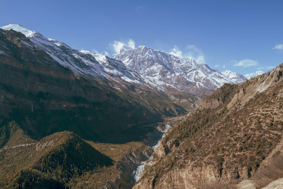 Snow-capped Himalayan peaks at sunrise above the clouds, Nepal
