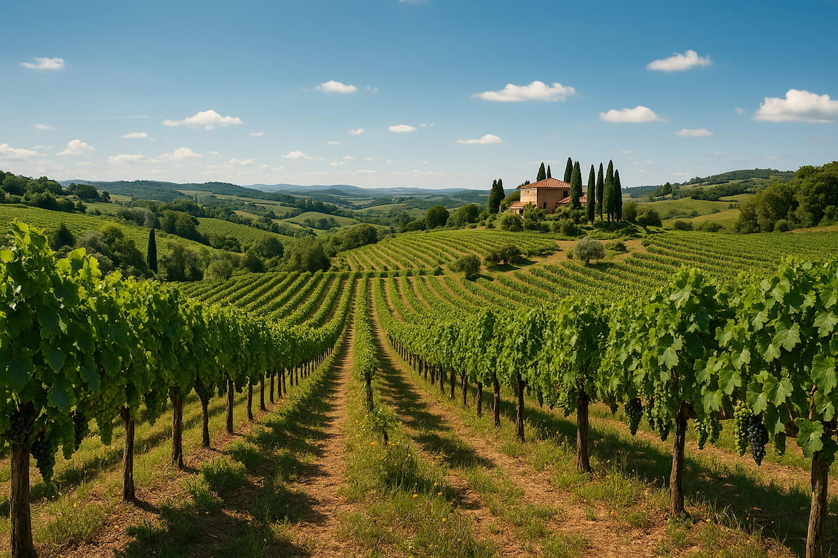 Rows of Chianti vineyards in Tuscany with soft afternoon light across the hills