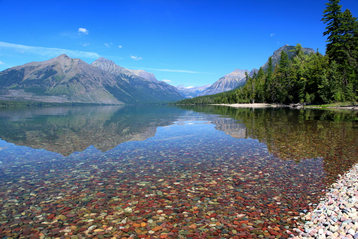 Turquoise waters of Grinnell Lake surrounded by mountains in Glacier National Park