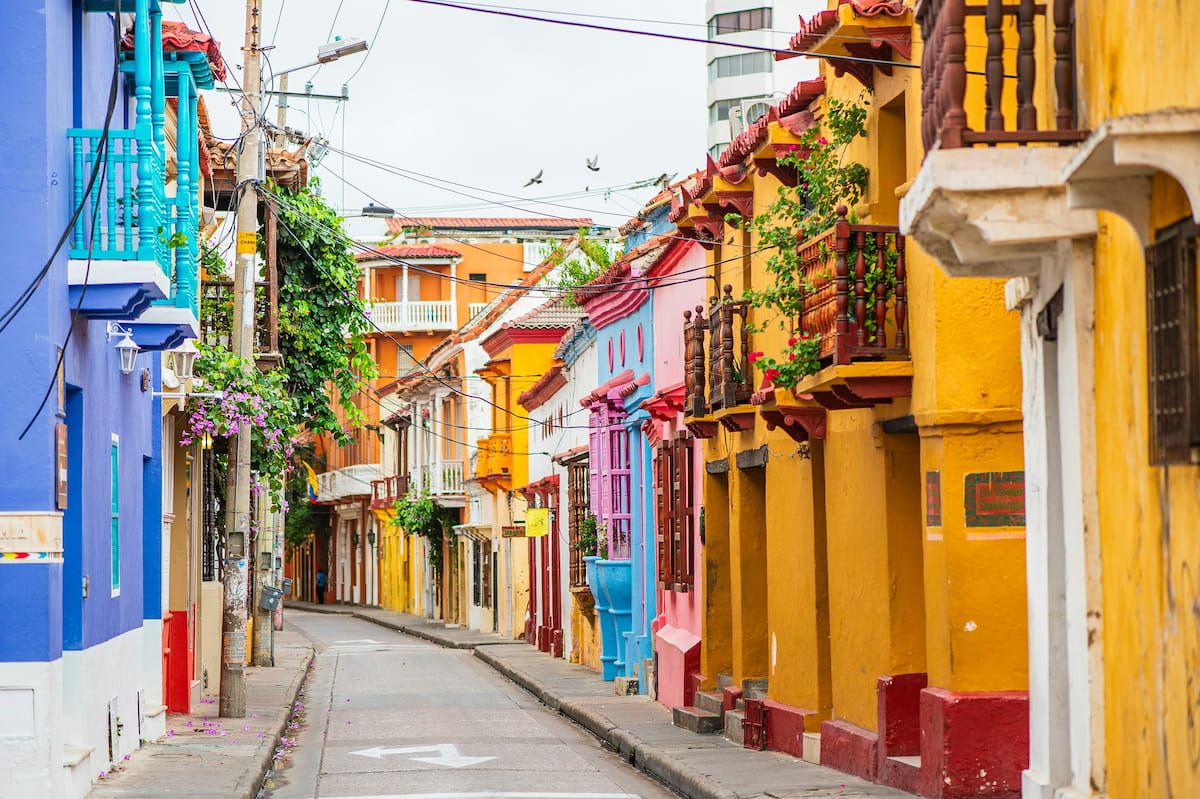 Cartagena Colombia colorful colonial walled city buildings and flowers